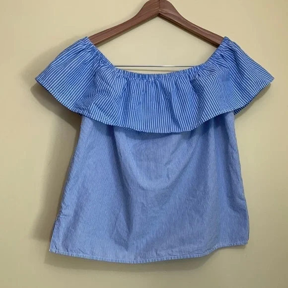 Lucky NWT Blue White Striped Ruffle Off Shoulder 100% Cotton Flounce Boxy Top S - Picture 1 of 12